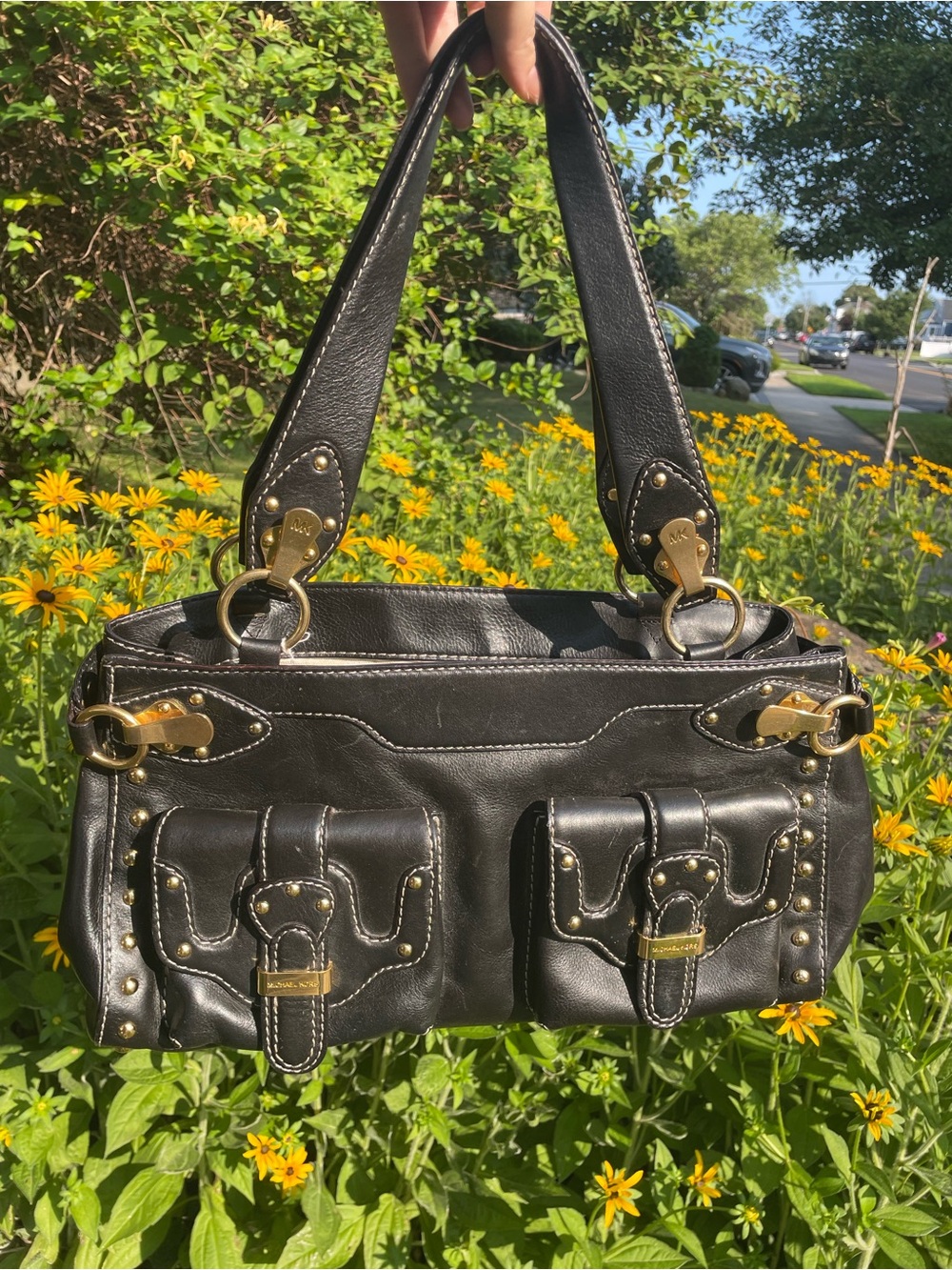 Michael Kors Black Leather Dual Pocket Shoulder Bag with Gold Hardware